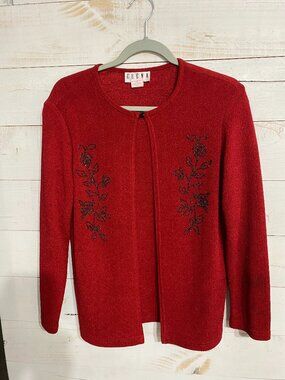 Erena Petite Large Red Shimmer Knit Single Button Cardigan Beaded Floral